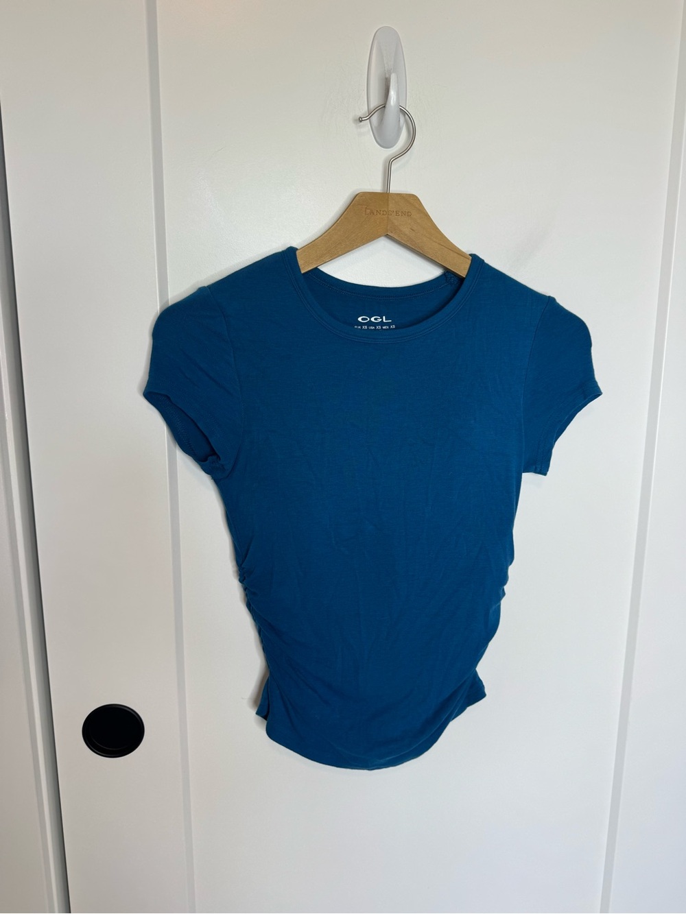 OGL Padded Shelf Bra Blue Short Sleeve Crewneck Ruched Sides T-shirt Size XS
